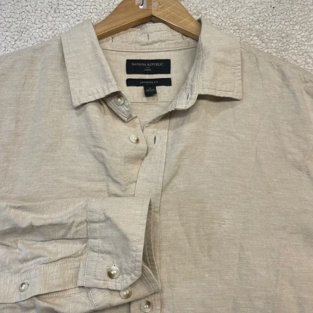 Banana Republic Shirt Mens L Beige Linen Cotton Untucked Fit Long Sleeve Casual